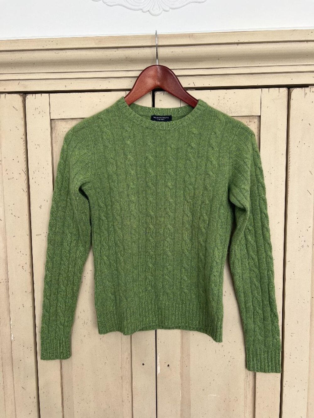 Magaschoni 100% Cashmere Cable Knit Crewneck Sweater Moss Green XS